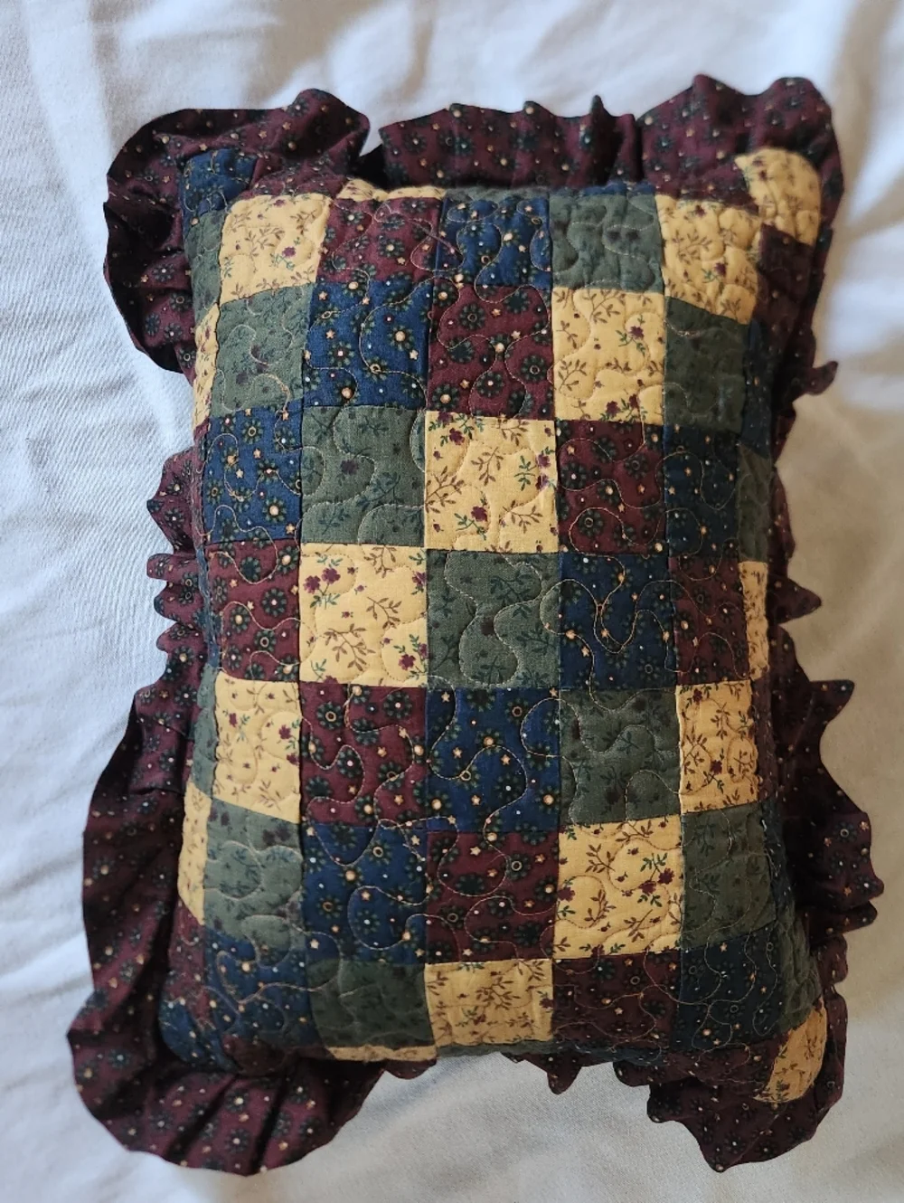 Vintage Patchwork Quilted Pillow Cottagecore Floral Ruffle